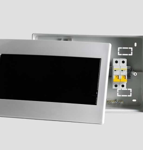Plastic distribution board. Electrical board. Close-up. Isolated on light gray background.