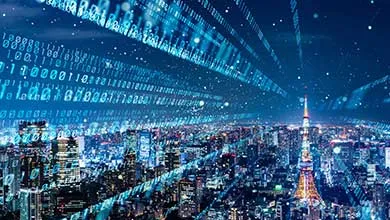 Night cityscape with an illuminated tower and blue binary code streaming across the sky.
